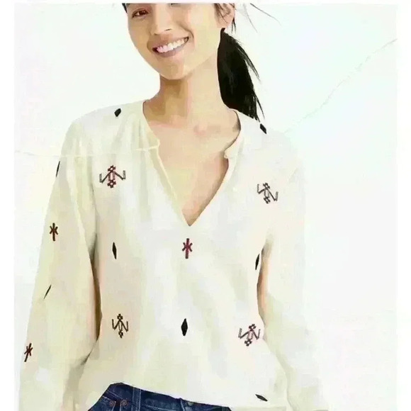 Madewell Beige Silk Red Embroidered Aztec Print Tassel Poms Top. Size XXS - Picture 1 of 13